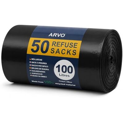 ARVO 100L Bin Bags, 50 Flat Bottom Refuse Sacks on a Roll, 73 x 99 cm Bin Liners, 100% Recycled LDPE Rubbish Bags for Kitchen, Office & Household ARVO 100L Bin Bags, 50 Flat Bottom Refuse Sacks on a Roll, 73 x 99 cm Bin Liners, 100% Recycled LDPE Rubbish Bags for Kitchen, Office & Household