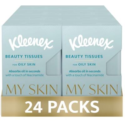 Kleenex My Skin Oily Hanks Case For Oily Skin, Multipack of 24 packs x 9 x 4ply Tissues. Absorbs oil in seconds with a touch of Niacinamide Kleenex My Skin Oily Hanks Case For Oily Skin, Multipack of 24 packs x 9 x 4ply Tissues. Absorbs oil in seconds with a touch of Niacinamide