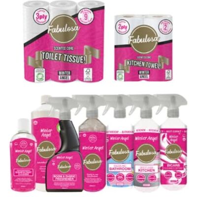 Fabulosa All-in-One Winter Angel General Household Cleaning Mega Bundle, Kitchen Cleaners, Bathroom Cleaners, Antibacterial Sprays and Disinfectants, Kitchen Towel and Toilet Roll Bundle, 9 Pack Fabulosa All-in-One Winter Angel General Household Cleaning Mega Bundle, Kitchen Cleaners, Bathroom Cleaners, Antibacterial Sprays and Disinfectants, Kitchen Towel and Toilet Roll Bundle, 9 Pack