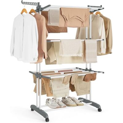 SONGMICS Large Clothes Airer, Foldable 4-Tier Drying Rack, Steel Moveable Clothes Horse, 126.6 x 64.2 x 169.2 cm, Folding Wings, White and Grey, BUNJI Collection LLR701W01 SONGMICS Large Clothes Airer, Foldable 4-Tier Drying Rack, Steel Moveable Clothes Horse, 126.6 x 64.2 x 169.2 cm, Folding Wings, White and Grey, BUNJI Collection LLR701W01