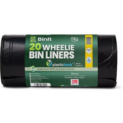 BIN IT BinIt 20 Wheelie Bin Liners 240 Litre, Eco-Friendly, Bin Bags, Refuse Sacks, Recycled, Strong & Secure, Tear Resistant, 30 μm, Perfect for Standard 240L Wheelie Bins BIN IT BinIt 20 Wheelie Bin Liners 240 Litre, Eco-Friendly, Bin Bags, Refuse Sacks, Recycled, Strong & Secure, Tear Resistant, 30 μm, Perfect for Standard 240L Wheelie Bins
