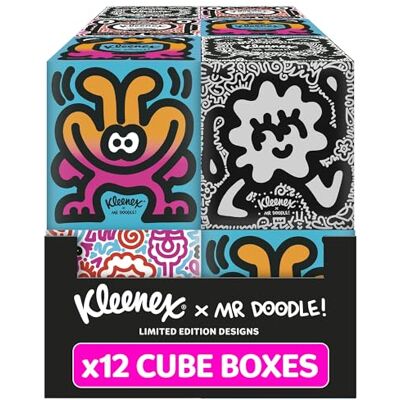 Kleenex x Mr Doodle Limited Edition Design Multipack Facial Tissues 12 Cube Tissue Boxes, Designed in Collaboration with Mr Doodle, Made To Look Beautiful in The Home. Kleenex x Mr Doodle Limited Edition Design Multipack Facial Tissues 12 Cube Tissue Boxes, Designed in Collaboration with Mr Doodle, Made To Look Beautiful in The Home.