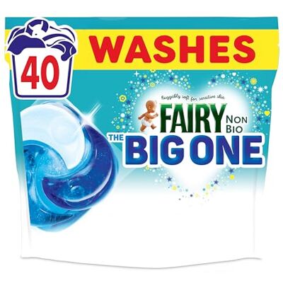 Fairy Non Bio The Big One PODS®, Washing Liquid Laundry Detergent Capasules, 40 Washes, 2X Stain Removal, Huggably Soft for Sensitive Skin Fairy Non Bio The Big One PODS®, Washing Liquid Laundry Detergent Capasules, 40 Washes, 2X Stain Removal, Huggably Soft for Sensitive Skin