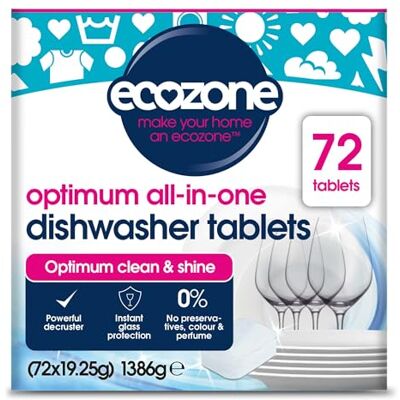 Ecozone Optimum All In One Dishwasher Tablets Bulk Buy x 72, Dishwashing Tablets with Salt, Rinse Aid & Extra Dry Effect, Powerful Degreaser & Dish Washer Tabs, Eco Conscious & Gentle on Appliances Ecozone Optimum All In One Dishwasher Tablets Bulk Buy x 72, Dishwashing Tablets with Salt, Rinse Aid & Extra Dry Effect, Powerful Degreaser & Dish Washer Tabs, Eco Conscious & Gentle on Appliances