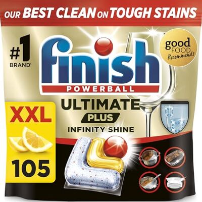 Finish Dishwasher Tablet, Ultimate Plus Infinity Shine, 105 Tabs, Lemon Sparkle, Tough on Grease, Our Most Intensive Clean & Diamond Shine, Effective for Short Eco Cycle Finish Dishwasher Tablet, Ultimate Plus Infinity Shine, 105 Tabs, Lemon Sparkle, Tough on Grease, Our Most Intensive Clean & Diamond Shine, Effective for Short Eco Cycle