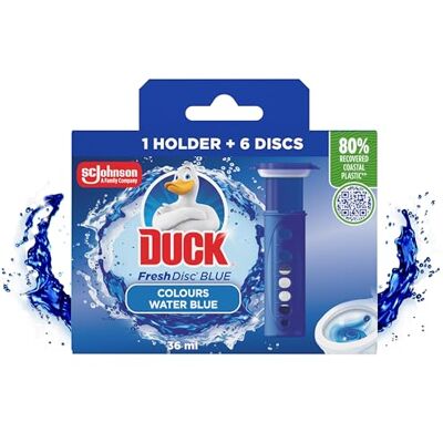 DUCK Fresh Discs Blue Toilet Cleaner Starter Kit, Fights Stains That Harbour Germs, Prevents Limescale Build Up, Blue Water Effect, Azure Lagoon, Pack of 5 (Each Kit contains 1 Holder + 1 Refill Tube) DUCK Fresh Discs Blue Toilet Cleaner Starter Kit, Fights Stains That Harbour Germs, Prevents Limescale Build Up, Blue Water Effect, Azure Lagoon, Pack of 5 (Each Kit contains 1 Holder + 1 Refill Tube)