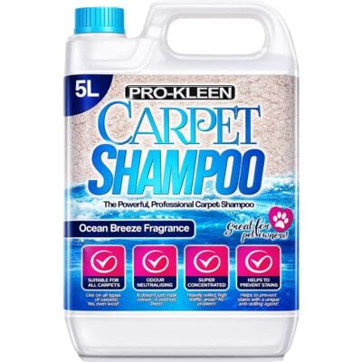 Pro-Kleen Professional Carpet & Upholstery Shampoo – Ocean Fresh Fragrance 5L High Concentrate Cleaning Solution Suitable for All Machines Pro-Kleen Professional Carpet & Upholstery Shampoo – Ocean Fresh Fragrance 5L High Concentrate Cleaning Solution Suitable for All Machines