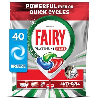 Fairy Platinum Plus Dishwasher Tablets Breeze, 40 Capsules, Impeccable Clean Even in Quick Cycles Without Pre-Wash, Anti-Dull Technology, Super Shine Function Fairy Platinum Plus Dishwasher Tablets Breeze, 40 Capsules, Impeccable Clean Even in Quick Cycles Without Pre-Wash, Anti-Dull Technology, Super Shine Function