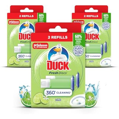 DUCK Fresh Discs Toilet Cleaner Refill Twin Pack, Lime Pack of 3 Cleans Toilet Bowl with Every Flush, 360° Coverage, Helps Fight Odour, Prevent Stains & Limescale, Total 6 Refill Gel Tubes DUCK Fresh Discs Toilet Cleaner Refill Twin Pack, Lime Pack of 3 Cleans Toilet Bowl with Every Flush, 360° Coverage, Helps Fight Odour, Prevent Stains & Limescale, Total 6 Refill Gel Tubes