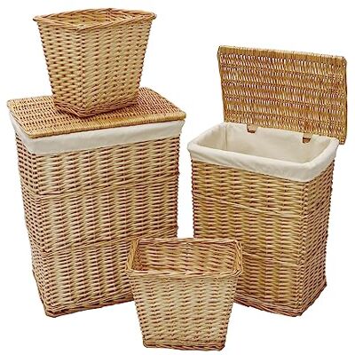 JVL Hand Woven Acacia Set of 2 Rectangular Laundry Willow Baskets with 2 Waste Paper Baskets, Honey Finish JVL Hand Woven Acacia Set of 2 Rectangular Laundry Willow Baskets with 2 Waste Paper Baskets, Honey Finish