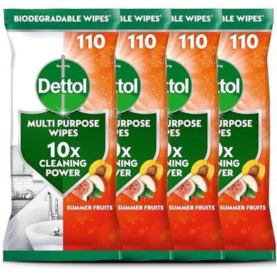 Dettol Antibacterial Multipurpose Disinfectant Wipes, Summer Fruit Scent, 4 Pack of 110 (Total 440), Germ Protection, Surface Cleaner, Hygienic, Convenient, Fresh Fragrance Dettol Antibacterial Multipurpose Disinfectant Wipes, Summer Fruit Scent, 4 Pack of 110 (Total 440), Germ Protection, Surface Cleaner, Hygienic, Convenient, Fresh Fragrance