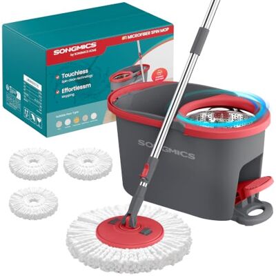 SONGMICS Spin Mop Bucket Set with Pedal Wringer, Floor Cleaning Mop, Adjustable Telescopic Handle 122.5-150 cm, 360° Rotating Head, 3 Microfibre Pads, Grey and Red LMB002GT03 SONGMICS Spin Mop Bucket Set with Pedal Wringer, Floor Cleaning Mop, Adjustable Telescopic Handle 122.5-150 cm, 360° Rotating Head, 3 Microfibre Pads, Grey and Red LMB002GT03