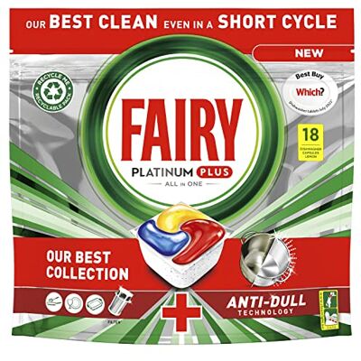 Fairy Platinum Plus All in One Dishwasher Tablets, Lemon, 18 Tablets, Our Best Cleaning for a Clean Like New, Removes Dullness & Prevents Limescale Fairy Platinum Plus All in One Dishwasher Tablets, Lemon, 18 Tablets, Our Best Cleaning for a Clean Like New, Removes Dullness & Prevents Limescale