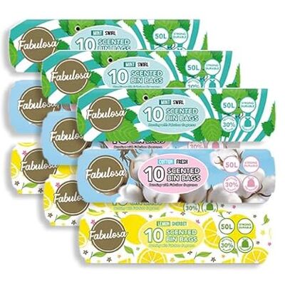 Fabulosa Scented Heavy Duty Drawstring Bin Bags, Strong Odour Removing Bin Liners, 90 Strong Scented Bin Bags, Leak Resistant, 50 Litre Capacity, 9 Pack, Bundle Fabulosa Scented Heavy Duty Drawstring Bin Bags, Strong Odour Removing Bin Liners, 90 Strong Scented Bin Bags, Leak Resistant, 50 Litre Capacity, 9 Pack, Bundle