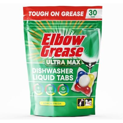 Elbow Grease Ultra Max Liquid Dishwasher Tablets Tough on Grease & Brilliant Shine Prevents Limescale Powerful All-In-1 Clean (Lemon, 30 Tabs) Elbow Grease Ultra Max Liquid Dishwasher Tablets Tough on Grease & Brilliant Shine Prevents Limescale Powerful All-In-1 Clean (Lemon, 30 Tabs)