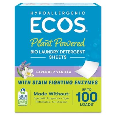 ECOS Hypoallergenic Laundry Detergent Sheets Fragrance-Free for Sensitive Skin, Plant Powered, Compact Plastic Free Packaging, Results at All Temperatures, Lavender & Vanilla, 50 Count ECOS Hypoallergenic Laundry Detergent Sheets Fragrance-Free for Sensitive Skin, Plant Powered, Compact Plastic Free Packaging, Results at All Temperatures, Lavender & Vanilla, 50 Count