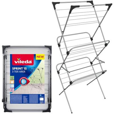 Vileda Sprint 3 Tier Clothes Airer, 15m Drying Space,Washing Line, Foldable Indoor Clothes Drying Rack, 4 Corner Hooks for Clothes Hangers, Holds 2 Wash loads, Alloy Steel Frame, Non-Slip Feet Vileda Sprint 3 Tier Clothes Airer, 15m Drying Space,Washing Line, Foldable Indoor Clothes Drying Rack, 4 Corner Hooks for Clothes Hangers, Holds 2 Wash loads, Alloy Steel Frame, Non-Slip Feet