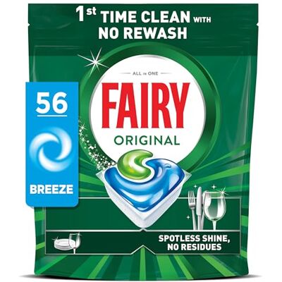 Fairy Original Power Dishwasher Tablets Breeze, 56 Capsules, 1st Time Cleaning Action with No Rewash, Effective on 100% Grease, Spotless Shine Without Residues Fairy Original Power Dishwasher Tablets Breeze, 56 Capsules, 1st Time Cleaning Action with No Rewash, Effective on 100% Grease, Spotless Shine Without Residues