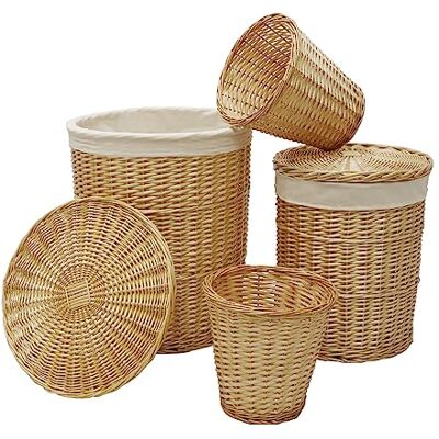 JVL Hand Woven Acacia Set of 2 Round Laundry Willow Baskets with 2 Waste Paper Baskets, Honey Finish JVL Hand Woven Acacia Set of 2 Round Laundry Willow Baskets with 2 Waste Paper Baskets, Honey Finish
