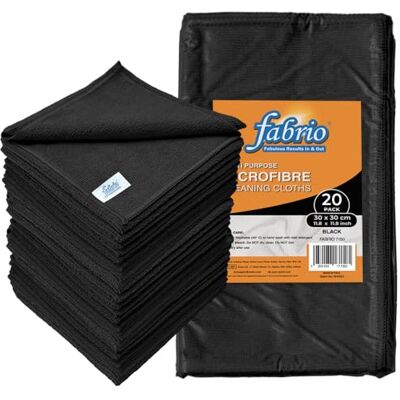 FABRIO Microfibre Cleaning Cloths – Pack of 20, 30x30cm, Ultra-Soft, Lint-Free, Super Absorbent Towels for Kitchen, Car, Glass, and Multi-Surface Cleaning – Black Colour FABRIO Microfibre Cleaning Cloths – Pack of 20, 30x30cm, Ultra-Soft, Lint-Free, Super Absorbent Towels for Kitchen, Car, Glass, and Multi-Surface Cleaning – Black Colour