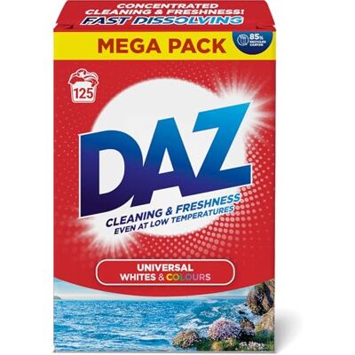 Daz Washing Powder 125 Washes – Family Pack Laundry Detergent for Brilliant Whites & Powerful Stain Removal – Long Lasting, Fresh Scent. 6.25kg Daz Washing Powder 125 Washes – Family Pack Laundry Detergent for Brilliant Whites & Powerful Stain Removal – Long Lasting, Fresh Scent. 6.25kg