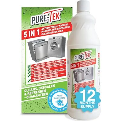 Pure 5 in 1 Washing Machine Cleaner and Dishwasher Cleaner – Antibacterial Washing Machine Descaler Liquid, Limescale Remover, Dishwasher Unblocker & Deep Cleaner, 960ml, 12 Months Supply Pure 5 in 1 Washing Machine Cleaner and Dishwasher Cleaner – Antibacterial Washing Machine Descaler Liquid, Limescale Remover, Dishwasher Unblocker & Deep Cleaner, 960ml, 12 Months Supply