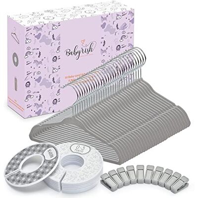 BABYRISH Velvet Baby Hangers 30 Pack, Ultra Thin Nonslip Nursery Clothes Hangers with 8pcs Cute Clothing Dividers and 10pcs Hanger Clips for Kids Baby Boys & Girls Closet Organizer, Grey BABYRISH Velvet Baby Hangers 30 Pack, Ultra Thin Nonslip Nursery Clothes Hangers with 8pcs Cute Clothing Dividers and 10pcs Hanger Clips for Kids Baby Boys & Girls Closet Organizer, Grey