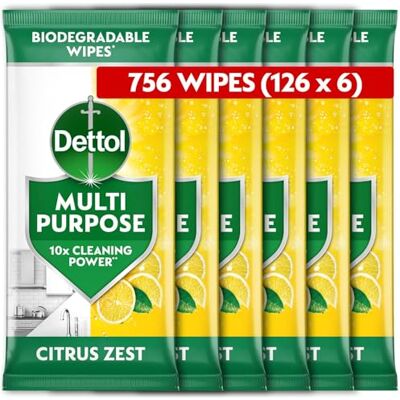 Dettol Antibacterial Multipurpose Cleaning Biodegradable Wipes, Citrus Zest, 756 Wipes (126 x 6pck) Disinfectant, Home Hygiene, Kills 99.9 Percent of Germs Dettol Antibacterial Multipurpose Cleaning Biodegradable Wipes, Citrus Zest, 756 Wipes (126 x 6pck) Disinfectant, Home Hygiene, Kills 99.9 Percent of Germs
