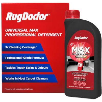 Rug Doctor Universal Max Professional Carpet Cleaner Solution Removes Wine, Blood, Make-up and Motor Oil – 3x Coverage Professional Grade Formula for Standard Carpet Cleaning Machines, 1Litre Rug Doctor Universal Max Professional Carpet Cleaner Solution Removes Wine, Blood, Make-up and Motor Oil – 3x Coverage Professional Grade Formula for Standard Carpet Cleaning Machines, 1Litre