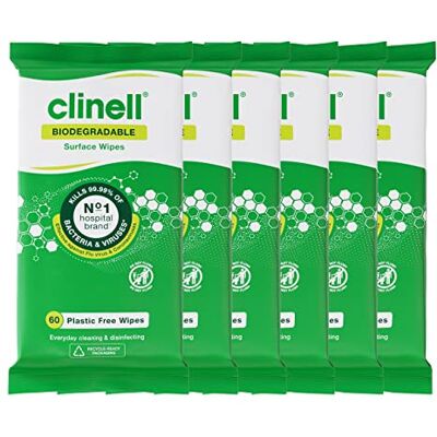 Clinell Universal Biodegradable Cleaning and Disinfectant Wipes for Surfaces Pack of 6 60 Wipes per Pack (360 Wipes) Plastic Free Multi-Purpose Wipes, Kills 99.99% of Bacteria & Viruses, Green Clinell Universal Biodegradable Cleaning and Disinfectant Wipes for Surfaces Pack of 6 60 Wipes per Pack (360 Wipes) Plastic Free Multi-Purpose Wipes, Kills 99.99% of Bacteria & Viruses, Green