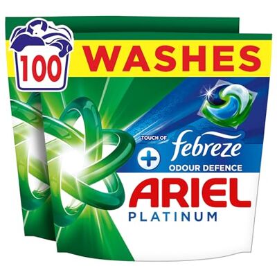 Ariel Platinum PODS®, Washing Liquid Laundry Detergent Capsules 100 Washes, +Touch of Febreze Odour Defence, Remove Even 7-Day Sweat Odours Ariel Platinum PODS®, Washing Liquid Laundry Detergent Capsules 100 Washes, +Touch of Febreze Odour Defence, Remove Even 7-Day Sweat Odours