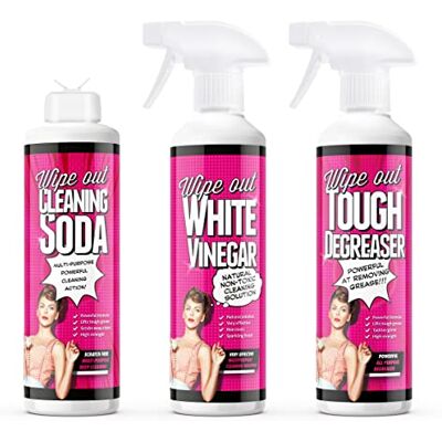 Wipeout Baking Soda Bicarb, White Vinegar Spray & Tough Degreaser Powerful Household Cleaning Kit Bundle (3x 500ml) Wipeout Baking Soda Bicarb, White Vinegar Spray & Tough Degreaser Powerful Household Cleaning Kit Bundle (3x 500ml)