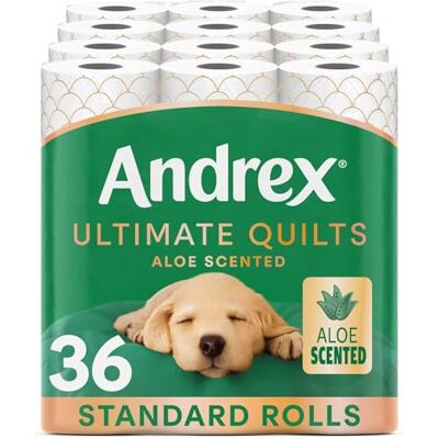 Andrex Ultimate Quilt Toilet Roll 36 Toilet Rolls with Aloe Vera Fragrance, 3-Ply, Bulk Buy, Soft, Thick Sheets, FSC Certified Andrex Ultimate Quilt Toilet Roll 36 Toilet Rolls with Aloe Vera Fragrance, 3-Ply, Bulk Buy, Soft, Thick Sheets, FSC Certified
