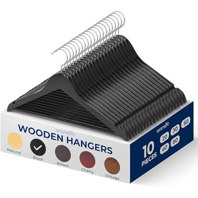 SereneLife Wooden Hangers 10 Pack, Non-Slip, Sturdy, Heavy Duty Suit Hanger Set with 360° Chrome Swivel Hook, Space-Saving Wood Hangers Closet Organizer for Clothes, Coat, Pants, Dress (Black) SereneLife Wooden Hangers 10 Pack, Non-Slip, Sturdy, Heavy Duty Suit Hanger Set with 360° Chrome Swivel Hook, Space-Saving Wood Hangers Closet Organizer for Clothes, Coat, Pants, Dress (Black)