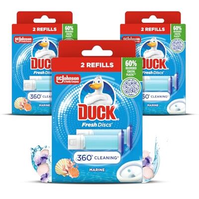 DUCK Fresh Discs Toilet Cleaner Refill Twin Pack, Fights Stains That Harbour Germs, Prevents Limescale Build Up, Marine Fragrance, Pack of 3 (Total of 6 Refill Tubes) DUCK Fresh Discs Toilet Cleaner Refill Twin Pack, Fights Stains That Harbour Germs, Prevents Limescale Build Up, Marine Fragrance, Pack of 3 (Total of 6 Refill Tubes)