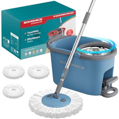 SONGMICS Spin Mop Bucket Set with Pedal Wringer, Floor Cleaning Mop, Adjustable Telescopic Handle 122.5-150 cm, 360° Rotating Head, 3 Microfibre Pads, Grey and Blue LMB002QT03 SONGMICS Spin Mop Bucket Set with Pedal Wringer, Floor Cleaning Mop, Adjustable Telescopic Handle 122.5-150 cm, 360° Rotating Head, 3 Microfibre Pads, Grey and Blue LMB002QT03