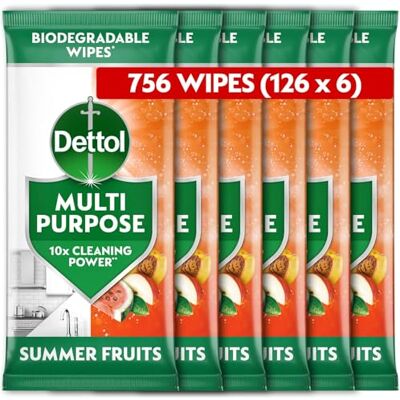 Dettol Antibacterial Multipurpose Cleaning Biodegradable Wipes, Summer Fruits, 756 Wipes (126 x 6pck) Disinfectant, Home Hygiene, Kills 99.9 Percent of Germs Dettol Antibacterial Multipurpose Cleaning Biodegradable Wipes, Summer Fruits, 756 Wipes (126 x 6pck) Disinfectant, Home Hygiene, Kills 99.9 Percent of Germs