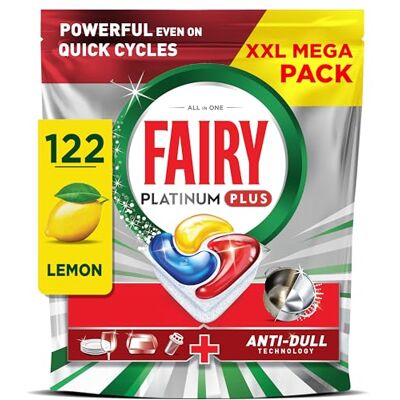 Fairy Platinum Plus Dishwasher Tablets Lemon, 122 Capsules, Impeccable Clean Even in Quick Cycles Without Pre-Wash, Anti-Dull Technology, Super Shine Function Fairy Platinum Plus Dishwasher Tablets Lemon, 122 Capsules, Impeccable Clean Even in Quick Cycles Without Pre-Wash, Anti-Dull Technology, Super Shine Function