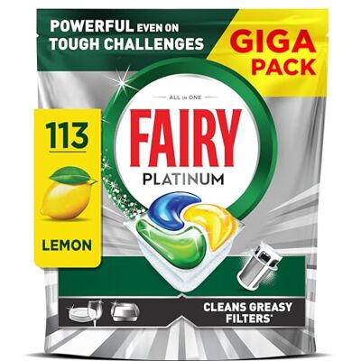 Fairy Platinum Dishwasher Tablets, Lemon, 113 Capsules, Powerful Even on Tough Cleaning Challenges, Clean Dishes, Shiny Machine, Cleans Greasy Filter Fairy Platinum Dishwasher Tablets, Lemon, 113 Capsules, Powerful Even on Tough Cleaning Challenges, Clean Dishes, Shiny Machine, Cleans Greasy Filter
