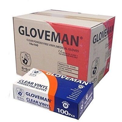 Gloveman Vinyl Gloves Powder Free, Non Latex and Clear, 1 Case (10 Boxes) Medium Gloveman Vinyl Gloves Powder Free, Non Latex and Clear, 1 Case (10 Boxes) Medium