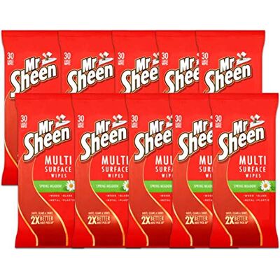 Mr Sheen Multi Surface Wipes, Clean & Dust Wood, Glass Metal & Plastic Surfaces, Scent: Spring Meadow, Size: Pack of 10 Mr Sheen Multi Surface Wipes, Clean & Dust Wood, Glass Metal & Plastic Surfaces, Scent: Spring Meadow, Size: Pack of 10