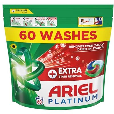 Ariel Platinum PODS®, Washing Liquid Laundry Detergent Capsules 60 Washes, +Extra Stain Removal, Remove Even 7-Day Dried-in Stains Ariel Platinum PODS®, Washing Liquid Laundry Detergent Capsules 60 Washes, +Extra Stain Removal, Remove Even 7-Day Dried-in Stains