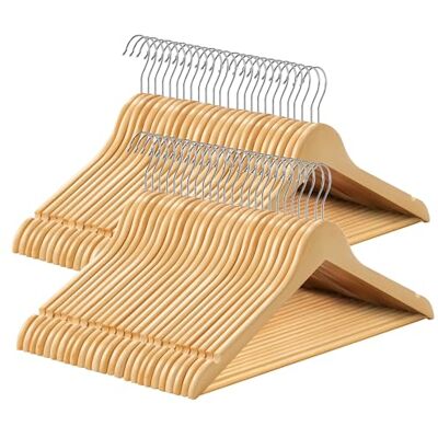 SONGMICS Wooden Hangers, Set of 50, Coat Hangers, Clothes Hangers, with Shoulder Notches, Anti-Slip Trousers Bar, 360° Swivel Hook, for Suits, Shirts, Coats, Natural and Silver CRW001-50 SONGMICS Wooden Hangers, Set of 50, Coat Hangers, Clothes Hangers, with Shoulder Notches, Anti-Slip Trousers Bar, 360° Swivel Hook, for Suits, Shirts, Coats, Natural and Silver CRW001-50