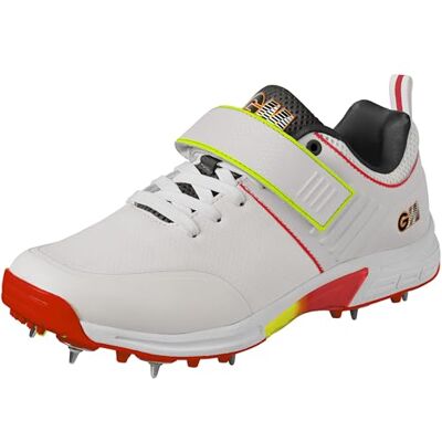 Gunn & Moore GM Rival Plus Steel Spike Cricket Shoes Premium Lightweight Breathable Microfibre Upper Arch Support Grip Comfort & Reduce Fatigue Moulded Pimples Size UK 12 EU 47 White Red & Fluro Gunn & Moore GM Rival Plus Steel Spike Cricket Shoes Premium Lightweight Breathable Microfibre Upper Arch Support Grip Comfort & Reduce Fatigue Moulded Pimples Size UK 12 EU 47 White Red & Fluro