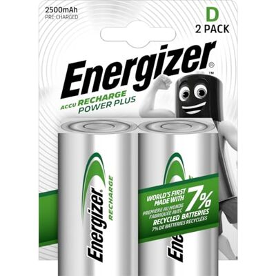 Energizer Recharge Power Plus Rechargeable D Batteries (2 Pack) 2500 mAh NiMH Toys, Radios and Torches 100% Recyclable Plastic Free Packaging Energizer Recharge Power Plus Rechargeable D Batteries (2 Pack) 2500 mAh NiMH Toys, Radios and Torches 100% Recyclable Plastic Free Packaging