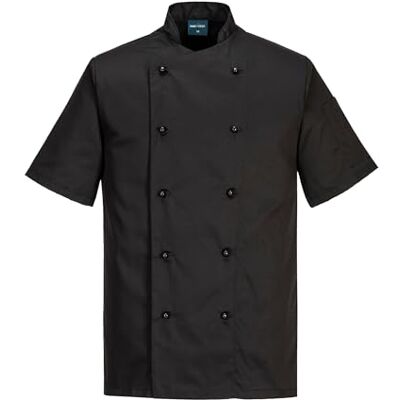 Portwest C734 Short Sleeve Chef Jacket Chefswear Texpel Stain Resistant Kingsmill Polycotton Unisex Chef Whites for Kitchen and Catering Food Service Workwear, Black, XXL Portwest C734 Short Sleeve Chef Jacket Chefswear Texpel Stain Resistant Kingsmill Polycotton Unisex Chef Whites for Kitchen and Catering Food Service Workwear, Black, XXL