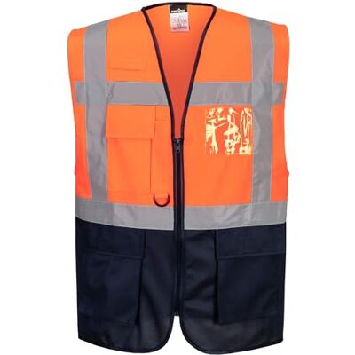 Portwest C476 Warsaw Executive Hi Vis Vest with Pockets and Zip Mens Reflective Safety Gilet Hivisible Workwear Polyester Construction Roadwork Warehouse Site Highways, Orange/Navy, XL Portwest C476 Warsaw Executive Hi Vis Vest with Pockets and Zip Mens Reflective Safety Gilet Hivisible Workwear Polyester Construction Roadwork Warehouse Site Highways, Orange/Navy, XL
