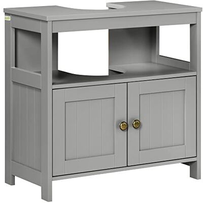 kleankin Pedestal Under Sink Cabinet with Double Doors, Modern Bathroom Vanity Storage Unit with Shelves, Light Grey kleankin Pedestal Under Sink Cabinet with Double Doors, Modern Bathroom Vanity Storage Unit with Shelves, Light Grey