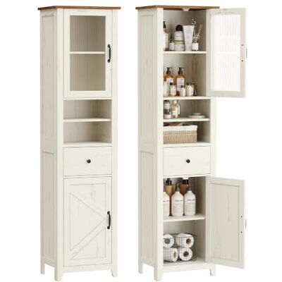 VASAGLE Tall Bathroom Cabinet, Farmhouse Style, 1 Drawer, 2 Doors Small Storage Unit, 40 x 31.5 x 171 cm, Reversible Doors, Rustic White and Honey Brown, LIRY Collection, BBK760W101 VASAGLE Tall Bathroom Cabinet, Farmhouse Style, 1 Drawer, 2 Doors Small Storage Unit, 40 x 31.5 x 171 cm, Reversible Doors, Rustic White and Honey Brown, LIRY Collection, BBK760W101