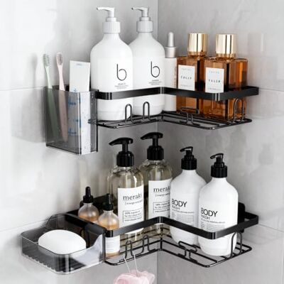 YEAUPE PRO Corner Shower Caddy, 4 Piece Bathroom Storage Set, Black No Drill, 2 Corner Shower Shelves, Toothbrush Holder & Soap Dish, Extra Large 60 × 140 mm Adhesive, Rustproof Metal YEAUPE PRO Corner Shower Caddy, 4 Piece Bathroom Storage Set, Black No Drill, 2 Corner Shower Shelves, Toothbrush Holder & Soap Dish, Extra Large 60 × 140 mm Adhesive, Rustproof Metal